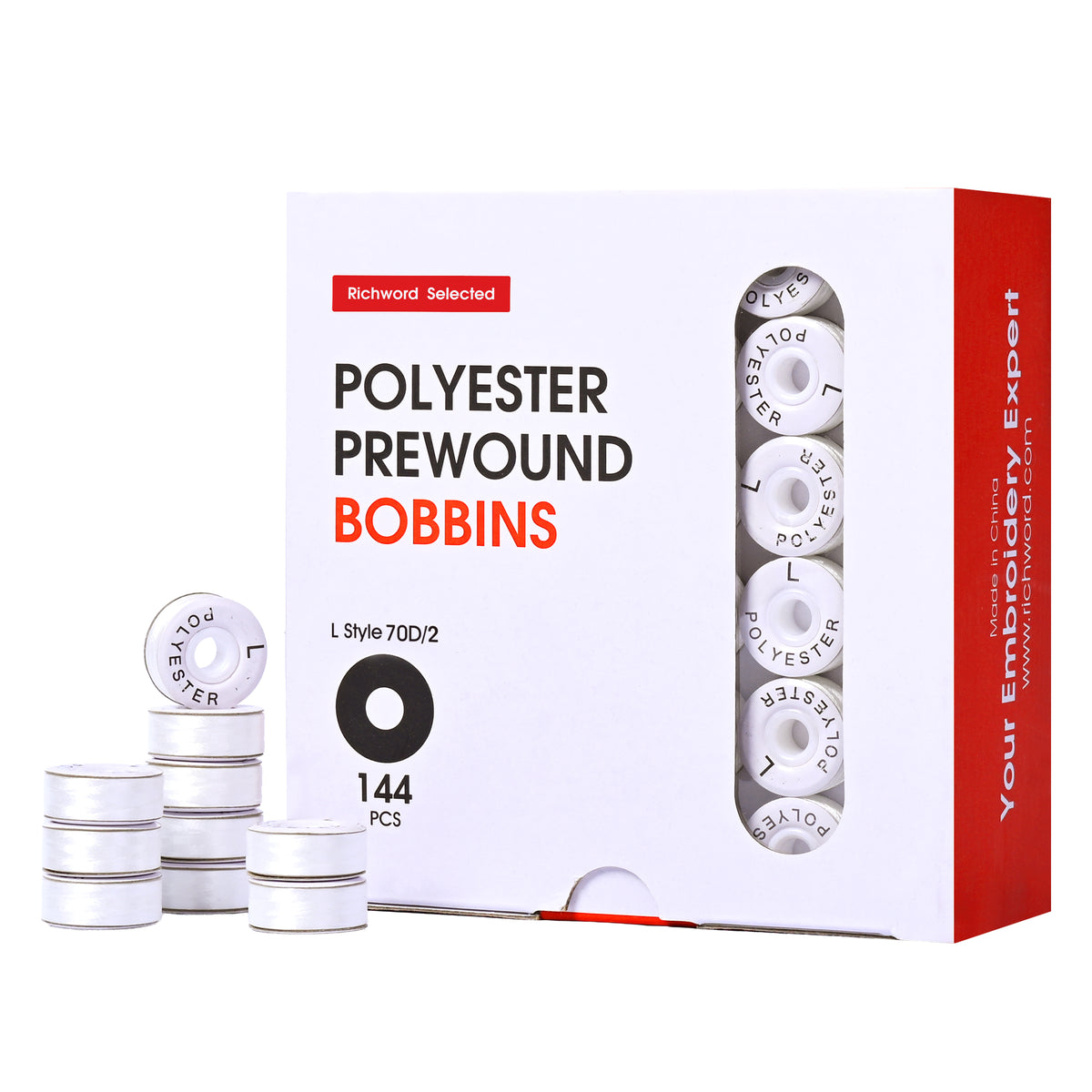 Vorgespulte Spulen Typ L – Seitenteile aus Papier (144 Stück) – Garn 60WT (70D/2)